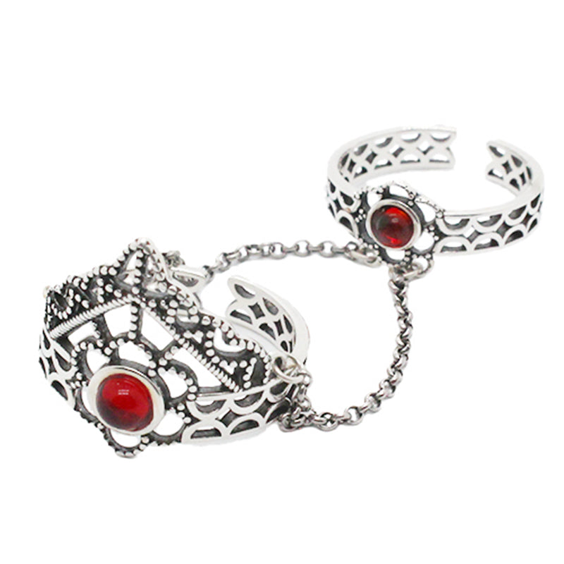 Anillo doble de inspiración vintage | Diseño armenio de eslabones en plata de ley con circonita roja