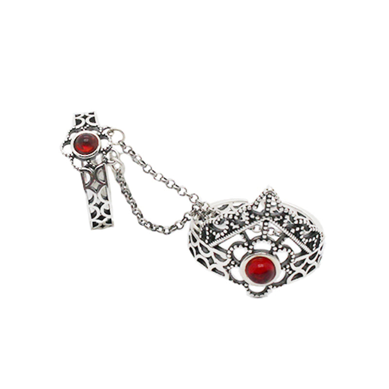 Anillo doble de inspiración vintage | Diseño armenio de eslabones en plata de ley con circonita roja