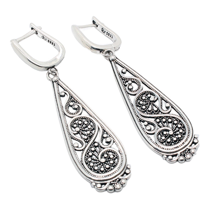 Vintage Geometric Teardrop Earrings | 925 Sterling Silver Ethnic Openwork Design