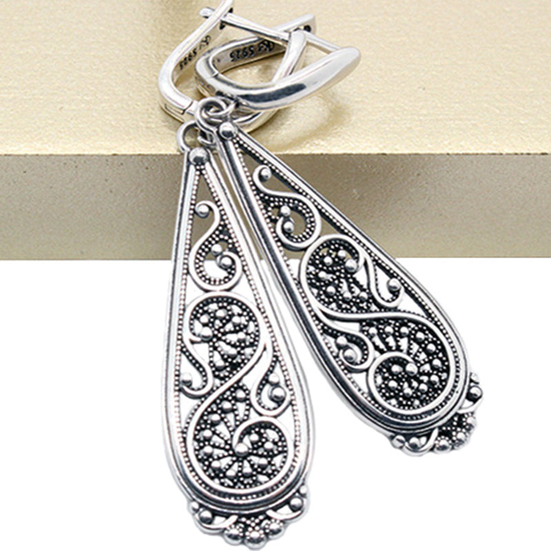 Vintage Geometric Teardrop Earrings | 925 Sterling Silver Ethnic Openwork Design