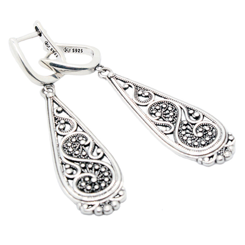 Vintage Geometric Teardrop Earrings | 925 Sterling Silver Ethnic Openwork Design