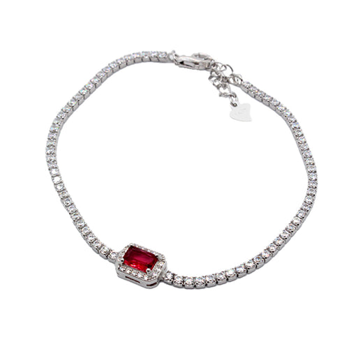 925 Sterling Silver Bracelet with Square Dark Red Zircon & Simulated Diamonds