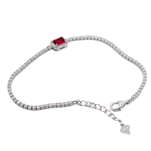 925 Sterling Silver Bracelet with Square Dark Red Zircon & Simulated Diamonds